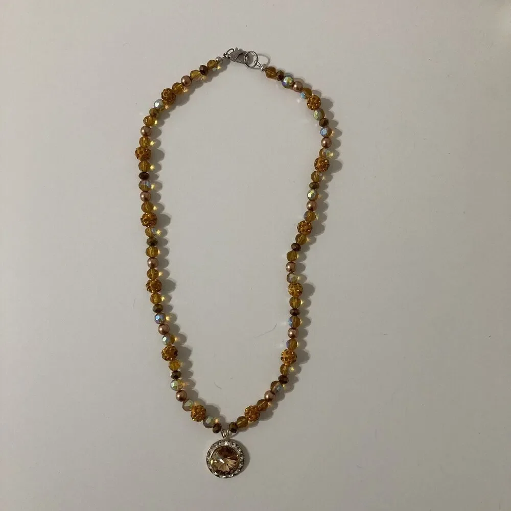 Orange Sparkly Rhinestone Beaded Round Circular Pendant Necklace Gold Tone Boho